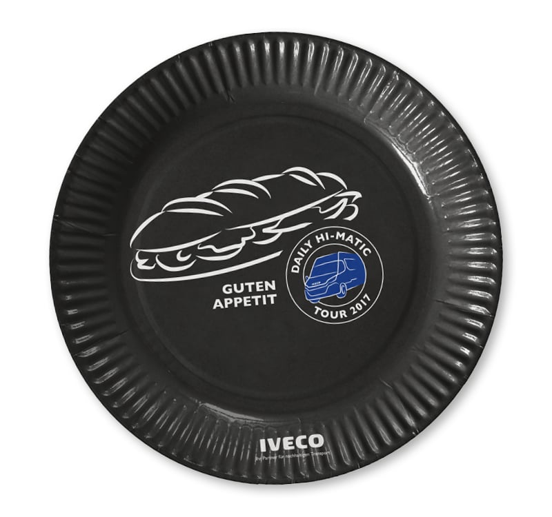 A black round printed paper plate available at Helloprint with customised printing options for a cheap price.