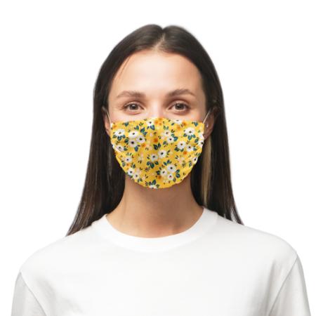 Face masks printed with a yellow flowery pattern predesigned by Helloprint