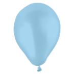 Un ballon de baudruche bleu clair ou bleu ciel sur fond blanc, il est gonflé et semble flotter dans l'air.