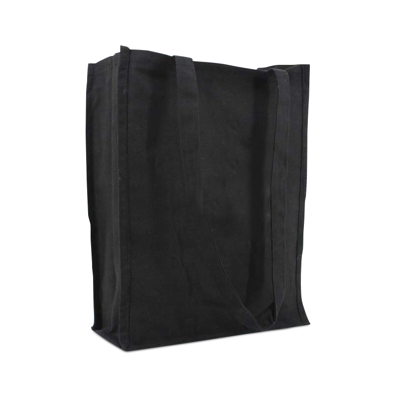 A product image of a black premium canvas bag available at Helloprint with a personalised logo or image printed on the side