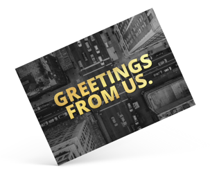 card with a monochrome city street