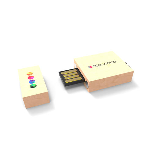 Een USB stick omhult in ecologisch hout, verkrijgbaar met jouw opdruk bij Drukzo.