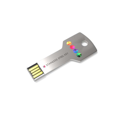 Een USB gemaakt van roestvrij straal met kleurrijke persoonlijke bedrukking in de vorm van een logo en tekst, verkrijgbaar bij Drukzo.