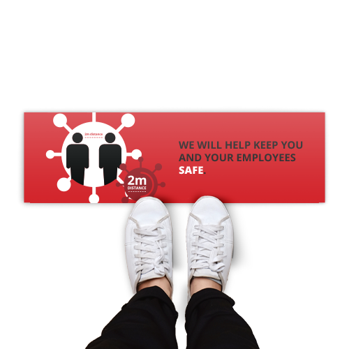 Rectangular floor sticker with a red background and the text 