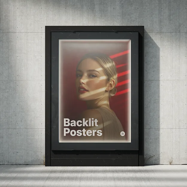 Backlit poster displayed in a black frame against a concrete wall, featuring a portrait of a woman with red lighting accents and the text 