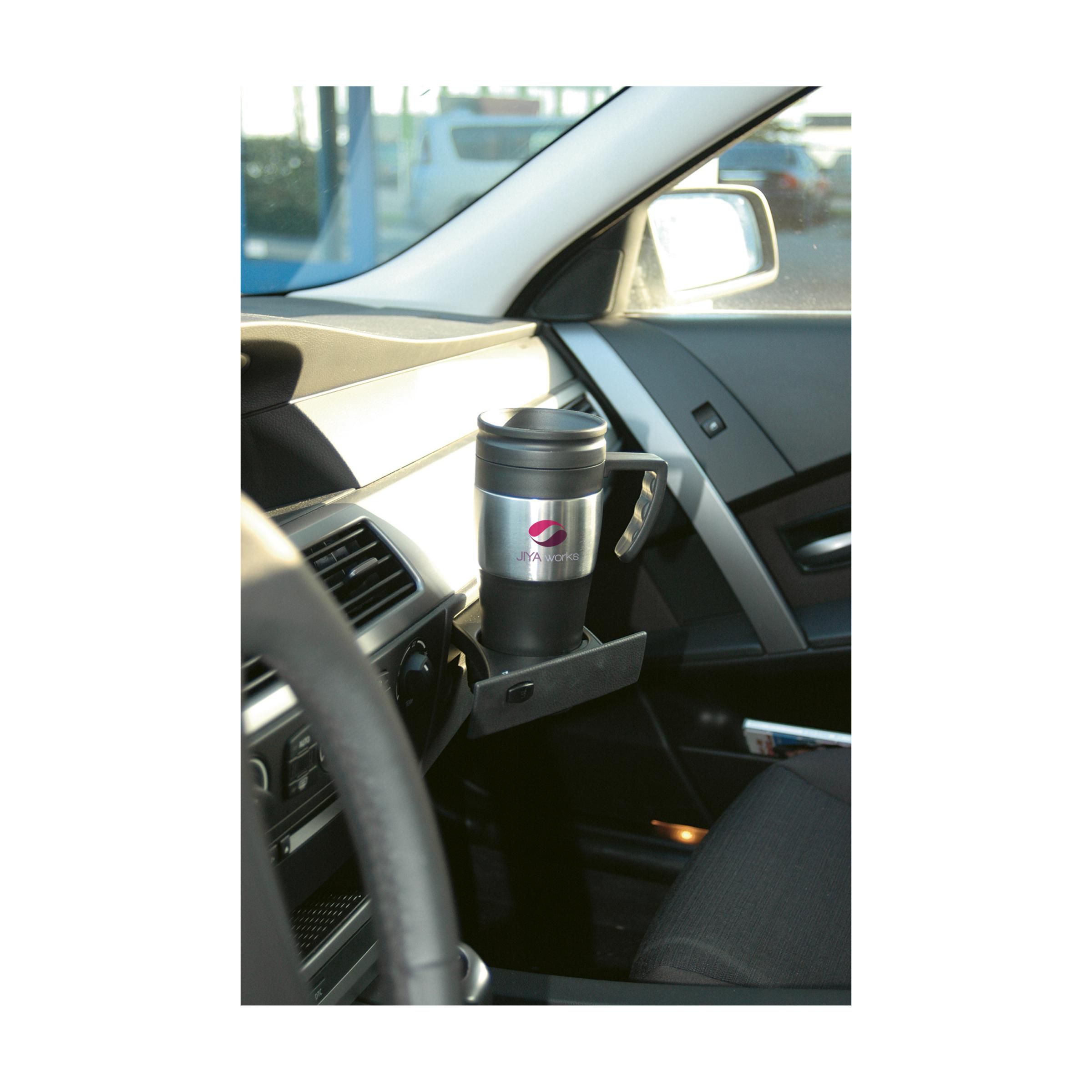 A thermos mug showcased within the interior of a car, available with customised printing solutions at Helloprint