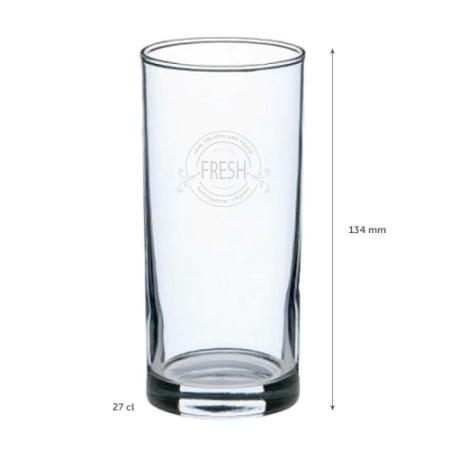 Een longdrinkglas van 27cl bedrukt met logo. Ook beschikbaar met elk ander gewenst logo of design bij Drukzo.
