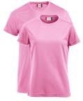 Camisetas personalizadas con tu logo o diseño de color rosa, perfectas para actividades deportivas. Disponibles en Helloprint