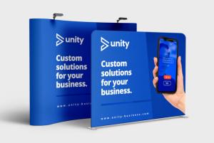 Two blue printed exhibition stretch stands