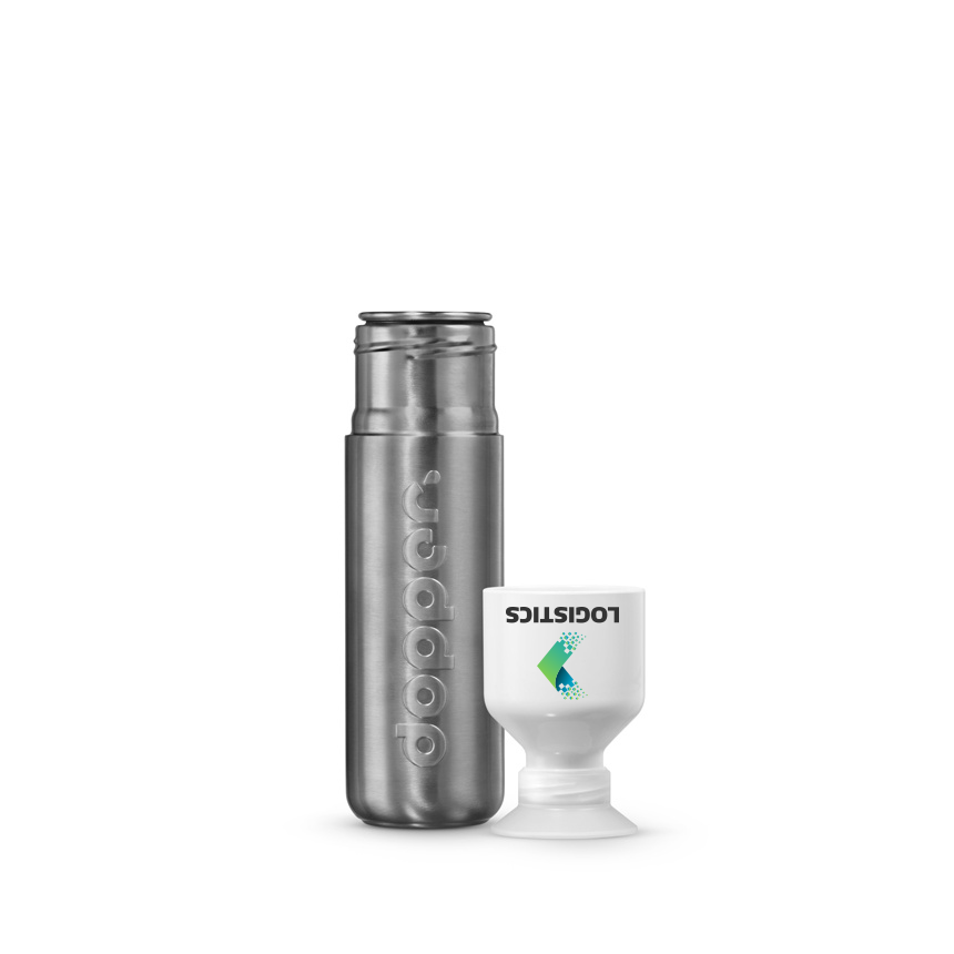 A solid steel Dopper water bottle available to be printed with a custom logo and text at Helloprint.