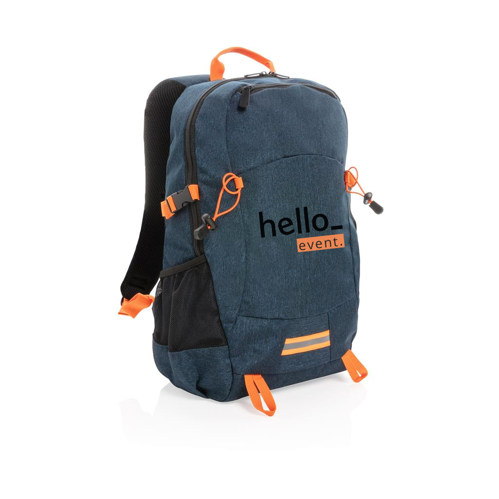Personalised blue and orange sport backpack available at Helloprint at a low price.