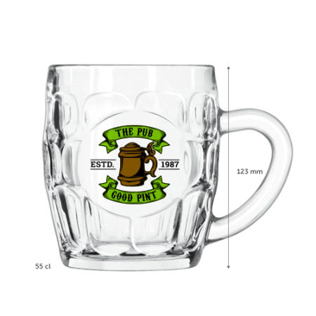 Un mug de bière après-ski de 55cl disponible avec un logo personnalisé ou une image imprimée sur le côté sur Helloprint.