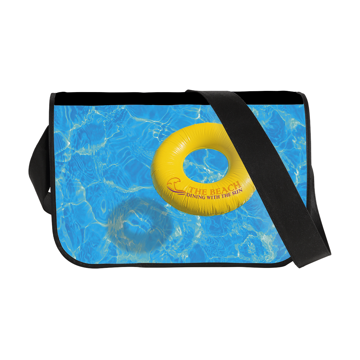 Rectangular cross body travel bag with one strap. The bag is personalised on Helloprint with a unique logo and design.