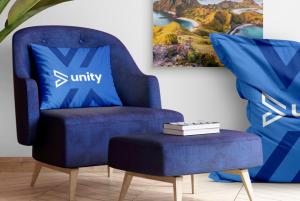 Image of a personalised home interior decorations, including a customized cushion, printed canvas and a branded bean bag chair. 
