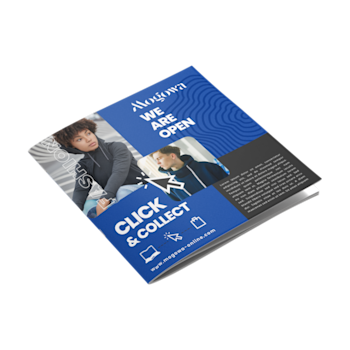 Square saddle stitched booklet with a blue cover reading “We Are Open” and “Click & Collect,” featuring images of two people in casual clothing.