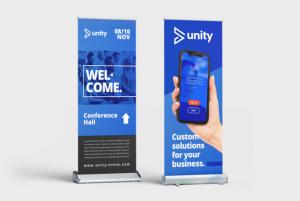 Two blue unity printed roller banners
