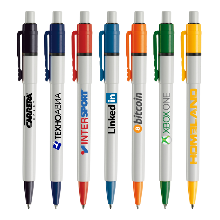 A set of Baron pens of different colours that are available with a customised logo and design at Helloprint.