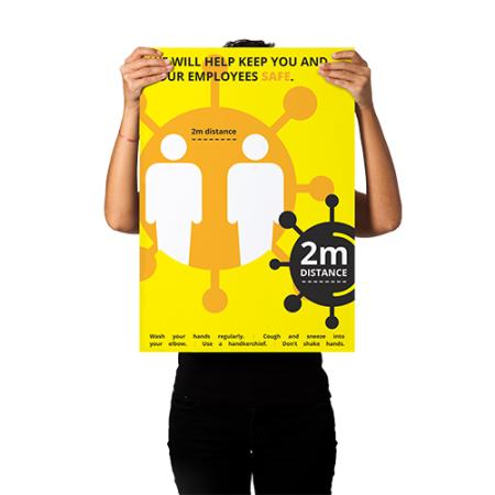 A distinctive yellow anti corona poster, that can be used in and outside, to draw attention and inform customers about the regulations created to combat COVID 19