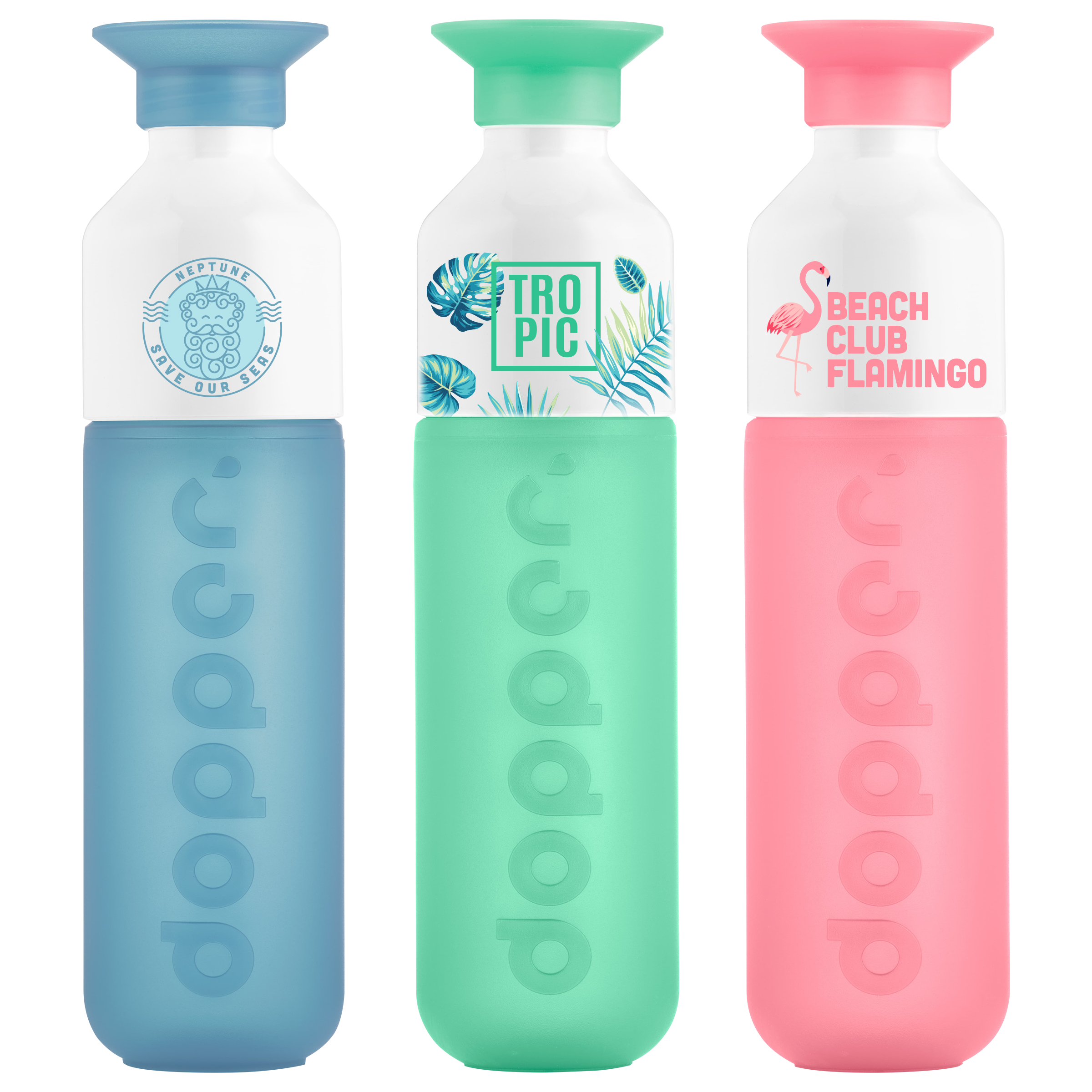 Three different coloured Dopper water bottles available with personalised printing options for a cheap price at Helloprint