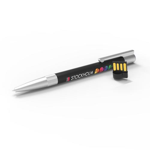 Een goedkoop stockholm pen en usb gadget zwart gekleurd, beschikbaar op Drukzo met eigen logo of tekst.