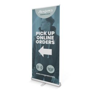 A printed premium roller banner depicting a click and collect sign